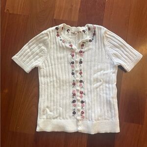 Sezane White Short Sleeve Cardigan with Floral Embroidery
